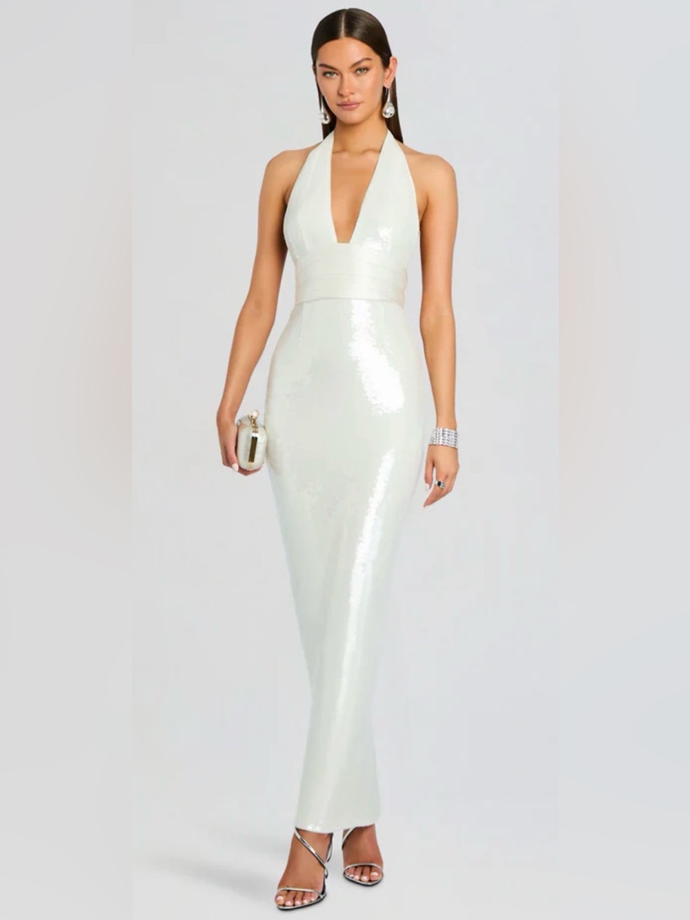 Retrofete White Sequin Halter Maxi Dress